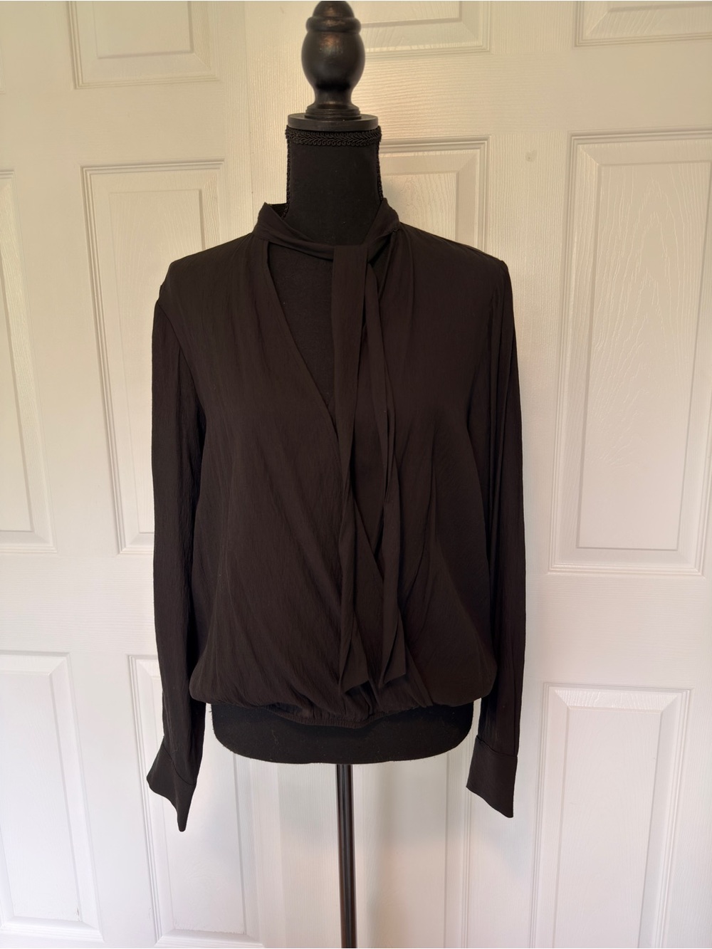 Greylin Black Tie-Neck Long-Sleeve Women's Top